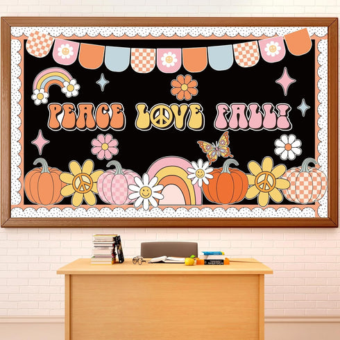 Groovy Fall Pumpkin Bulletin Board Set, Autumn Thanksgiving Decorations, Peace Love Paper Cutouts for Classroom Decor