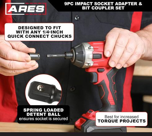 ARES 22034 9-Piece Impact Grade Socket Adapter and Bit Coupler Set, Turns Impact Drill into High Speed Socket Driver