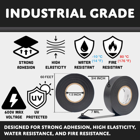 (1PK) Black Electrical Tape, PVC General Purpose, Waterproof, Flame-Retardant, UL Listed, 60’ x 3/4"