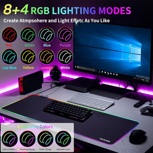 RGB Large Gaming Mouse Pad, 12 Light Modes, Oversize Anti-Slip Rubber Base Mouse Mat for Computer PC Games (31.5x11.8in