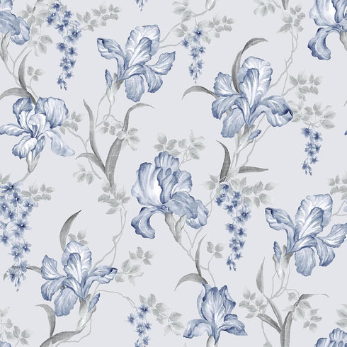 17.7"x118" Blue Grey Floral Peel and Stick Wallpaper, Iris Flower Bouquet Mural for Bedroom Nursery
