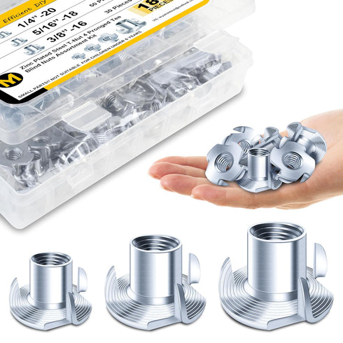 MYWISH 180Pcs 1/4-20 5/16-18 3/8-16 T-nut Assortment Kit, 4 Pronged T Blind T