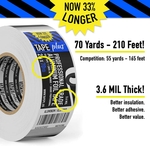 Professional Grade Aluminum Foil Tape - 2 Inch by 210 Feet (70 Yards) for HVAC, Sealing & Patching