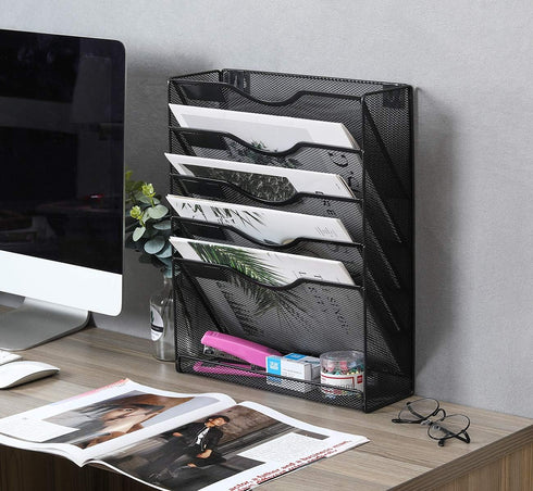 EasyPAG 5 Tier Wall File Organizer, Mesh Hanging File Holder with Bottom Flat Tray, Black