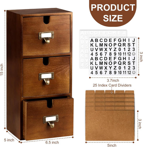 DLUGOPIS 3 3x5 3 25 2 Tier Index Card Holder Wooden Card Catalog Box with Drawers Brown Index Card Storage Box Flash