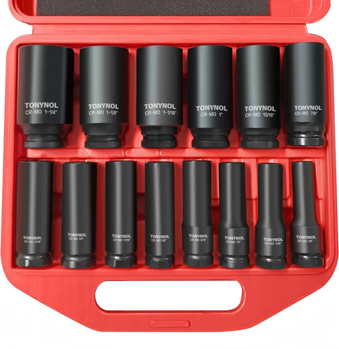 TONYNOL 1/2 Inch Deep Drive Impact Socket Set,6-Point,SAE(3/8" to 1-1/4"),14 Pcs,Cr-Mo Steel,With a