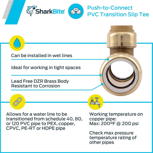 SharkBite 1/2 Inch PVC Slip Tee, Push To Connect Brass Plumbing Fitting, UIP364A