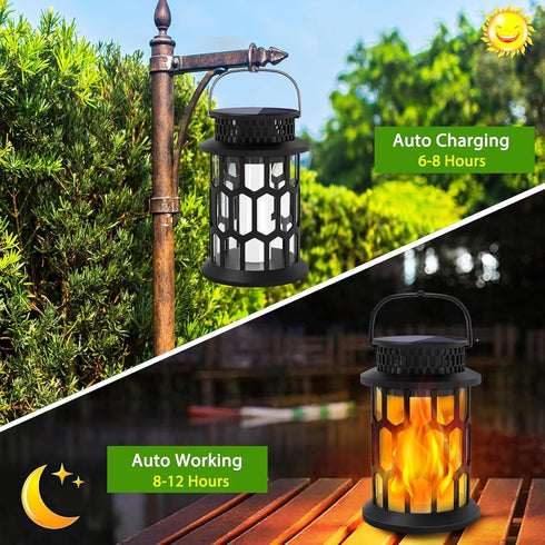 2 Packs Solar Lights for Outside, Upgraded Solar Lanterns Flickering Flame Outdoor Waterproof Hanging Lanterns