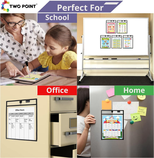 Magnetic Dry Erase Pockets by Two Point, 30-Pack, 10 x 14 in, Black Clear Plastic Sleeves for Paper