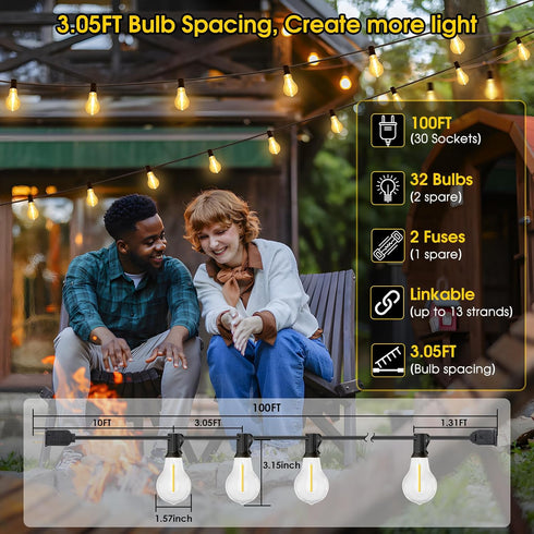 100FT 32 Dimmable 2700K A39 Bulbs Larkvue LED Outdoor String Lights, Waterproof Patio Lights with Shatterproof Hanging