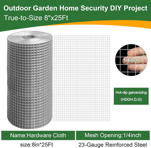 TNELTUEB 8in 25Ft 1/4inch 23 x Hardware Cloth Hot-Dip Galvanized Welded Wire Mesh - Heavy Duty Gauge Chicken Wire