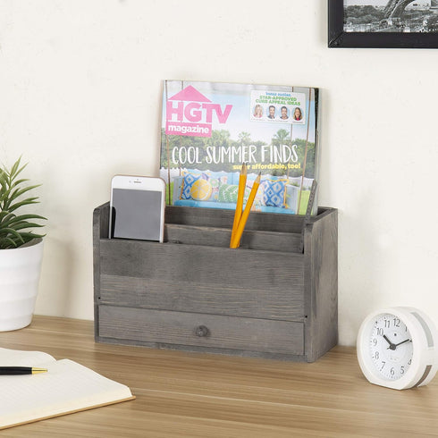 MyGift Rustic Gray Solid Wood Office Desk Organizer, 5 Slot Wooden Mail Sorter with Pull Out Drawer