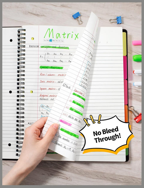 SUNEE 5 Subject Notebook, College Ruled, 300 Pages, 8.2"x10.8", 5 Pocket Colored Dividers, 3-Hole Punched Paper, Black