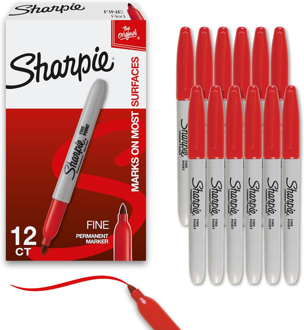 Sharpie Permanent Markers, Fine Tip, Quick Drying and Fade Resistant, Red, 12 Count for Plastic, Metal, Wood, and More
