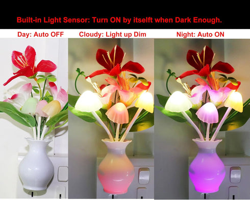 2 AUSAYE PCS Plug-in Night Light with Auto Light Sensor,RGB LED Mushroom Night Light Wall Red Lily Flower Lamp Energy