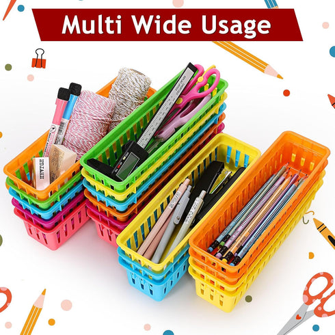 PLMMOUT 24 Pack Organization,9.3" 2.2" 2.4" Pencil Basket Tray,Plastic Classroom Organizer Basket,Colorful Crayon
