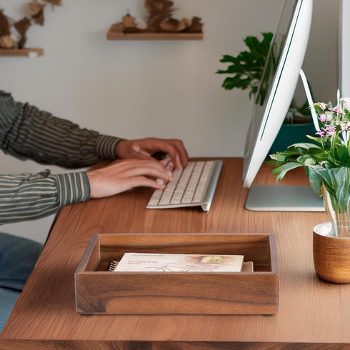 Desk Accessories Tray, 9.5x6.7x2 inch Office Box Tray for Pens, Stapler, Notes, Wooden Stationery Saver