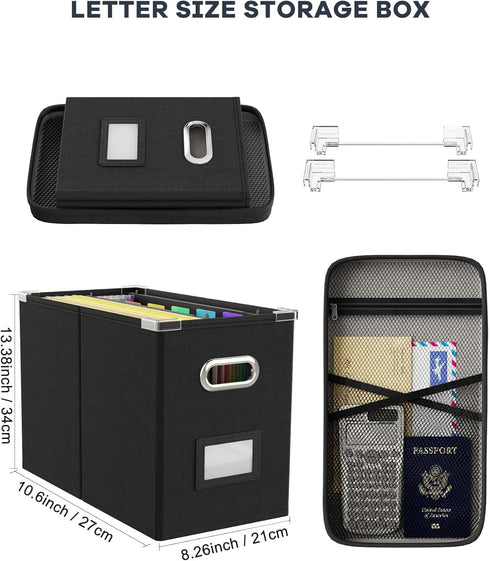 Oterri File Organizer Box with Lid, Hanging Document Organizer with Mesh Pocket for Letter Files, 2 PCS Black Storage