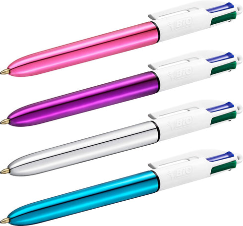 BIC 4 Colours Shine Ballpoint Pens - Box of 12, Metallic Pink Body with 4 Ink Colours