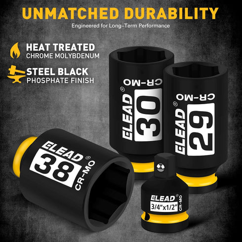 1/2'' Set: 11-Piece 27mm 29mm 30mm 31mm 32mm 33mm 34mm 35mm 36mm 38mm Drive Deep Impact Socket Metric Wheel Axle Nut