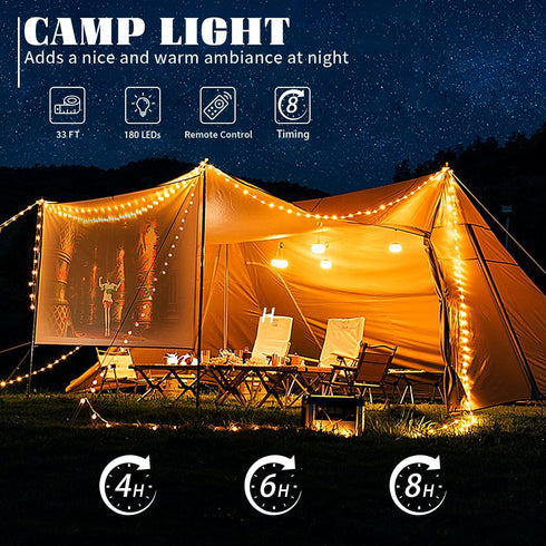 130LEDs,33 13 4 in1 Solar Camping String Lights FT Fairy Lights with Lighting,Portable Waterproof Camping
