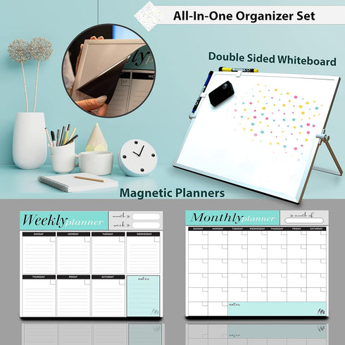 Weekly Dry Erase Board - Black Frame Desktop Calendar White Board with Weekly & Monthly Planners, 12x16 inch