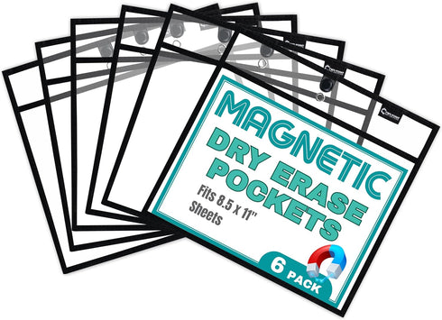 Magnetic Dry Erase Pockets by Two Point (6-Pack) - Black Dry Erase Pocket Sleeves, Job Shop Ticket Holders, Magnetic