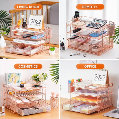 Paper Letter Tray Organizer with 4-Tier Desk Accessories, Workspace Organizers with Drawer & 2 Pen Holders