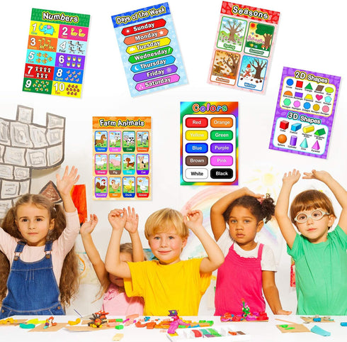 Blulu 8 Educational Preschool Poster for Toddler and Kid Learning, 16 x 11 Inch with 60 Glue Point Dots for Classroom