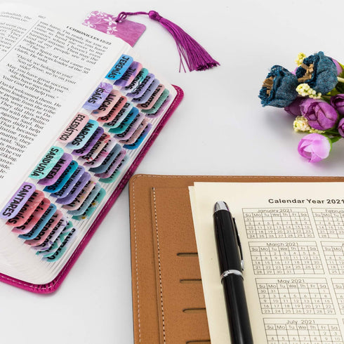 Spanish Bible Tabs for Women - Laminated Purple Catholic Spanish Bible Indexing Tabs, Large Print, 90 Tabs Total