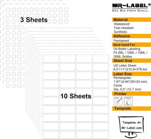 Mr-Label Essential Oil Labels for Inkjet/Laser Printer, Fit 5ml/10ml/15ml/30ml Bottles, 400 Rectangles