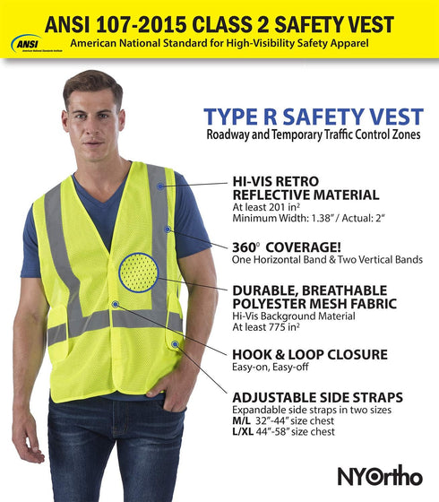 NYOrtho High Reflective Vest - Construction Vest - Universal Fit - ANSI/ISEA Class 2 - Sweat-Free With Reflective Material - Safety Vest For Men - Lightweight - High Visibility Vest - Neon Vest