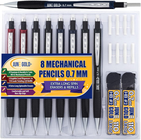 June Gold 8 Pack 0.7 mm HB #2 Mechanical Pencils, Extra Long Spin Eraser, 2 Lead Dispensers with 220 Refills & 8 Refill