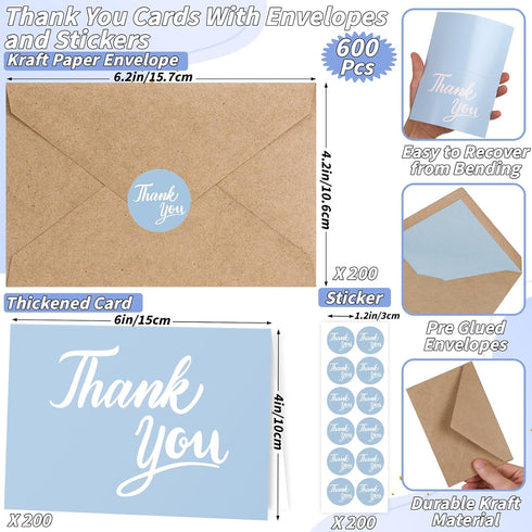 600 4x6 Inch Set Pcs Light Blue Thank You Cards Bulk with Kraft Envelopes and Stickers Blank Thank You Notes Box