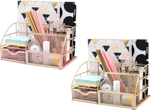 Exerz Golden Desk Organizer, Office Desk Accessories Supplies with Drawer for Pencil and Pen Storage