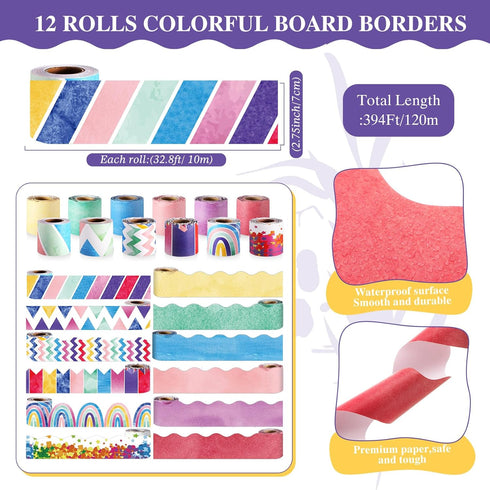 Qilery 12 Rolls 394 ft Classroom Border Sets for Bulletin Board, Scalloped Bulletin Trim for Decoration