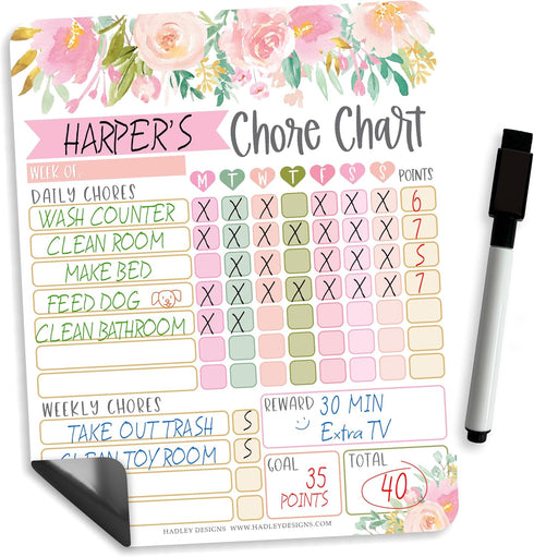 Magnetic Chore Chart for Kids, Good Behavior Dry Erase Daily Weekly Responsibility List, Floral Chore Board