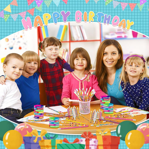 JUNEBRUSHS 72pcs Silicone Wristbands Happy Birthday Rubber Bracelets Pencils Set Bulk Party Favors for Kids Teachers