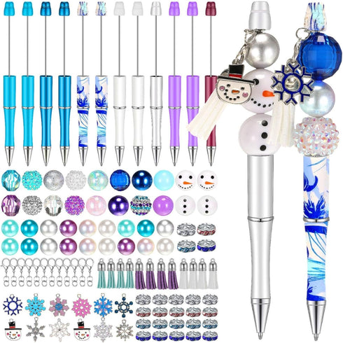 Qeeenar 12 Pcs Plastic Beadable Pens with 70 Pcs Colorful Beads, 12 Tassels, 12 Pendants, Assorted DIY Beaded Pens