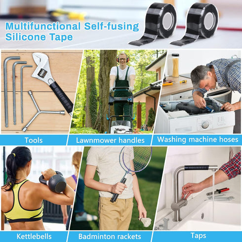 Black Self Fusing Silicone Tape, 2 PCS 1" X 11.8 Ft for Pipe Hose Repair, Waterproof Silicone Grip Thick Tape