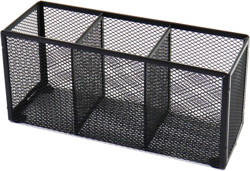 Black Mesh Pen Pencil Holder, Small Metal Desk Organizer for Office Supplies, 3 Compartments for Home School