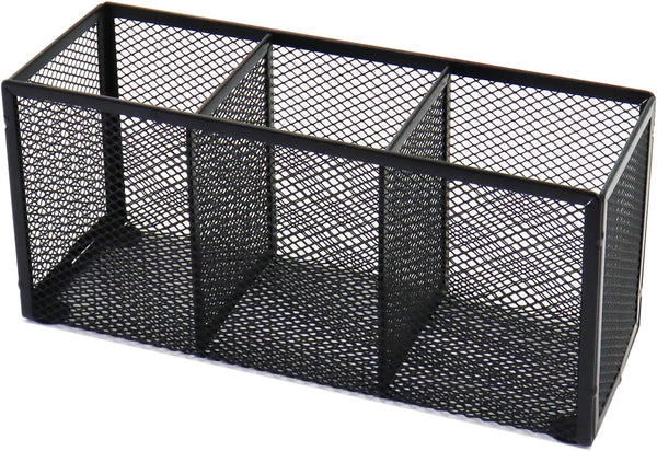 Black Mesh Pen Pencil Holder, Small Metal Desk Organizer for Office Supplies, 3 Compartments for Home School