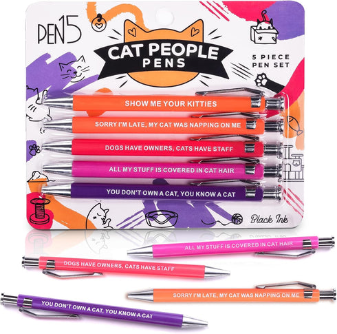 Funny Cat Pens - Snarky Office Gag Gifts for Pet Owners, Cat Lovers & Coworkers - Black Ballpoint Pens with Witty