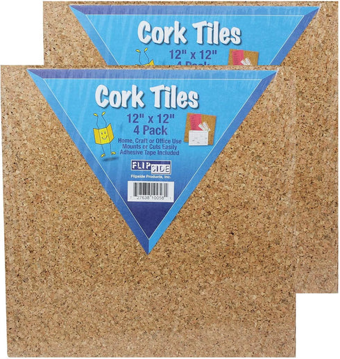 Flipside Products Natural Cork Tiles, 12" x 12", 4 Per Pack, 2 Packs