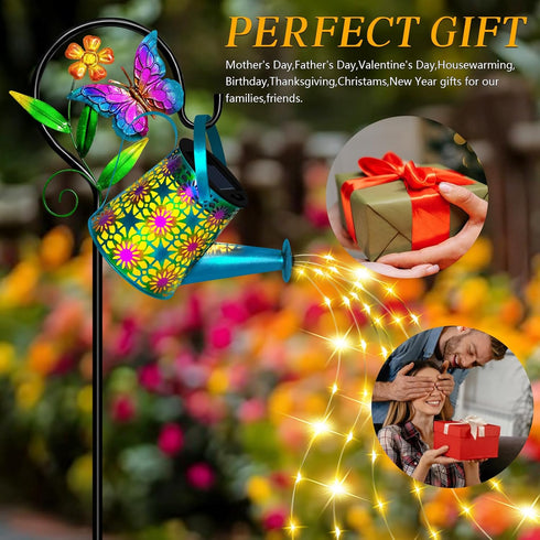 Solar Watering Can with Lights, Waterproof Solar Lantern with Butterfly Shepherd Hook, Hanging Garden Lights for Patio