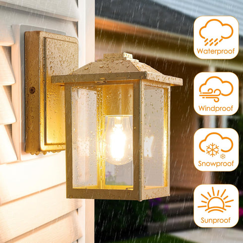 MATAMEYE Outdoor Wall Lantern, Exterior Waterproof Wall Sconce Light Fixture, Gold Front Door Mounted Lighting