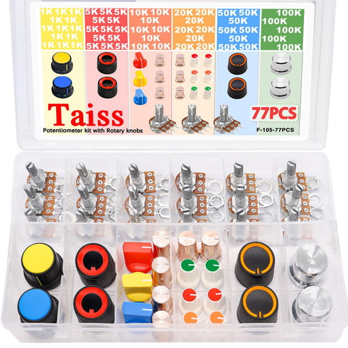 Taiss 77PCS Potentiometer Kit with Rotary Knobs, WH148 1K-100K Ohm Assortment for Variable Resistor