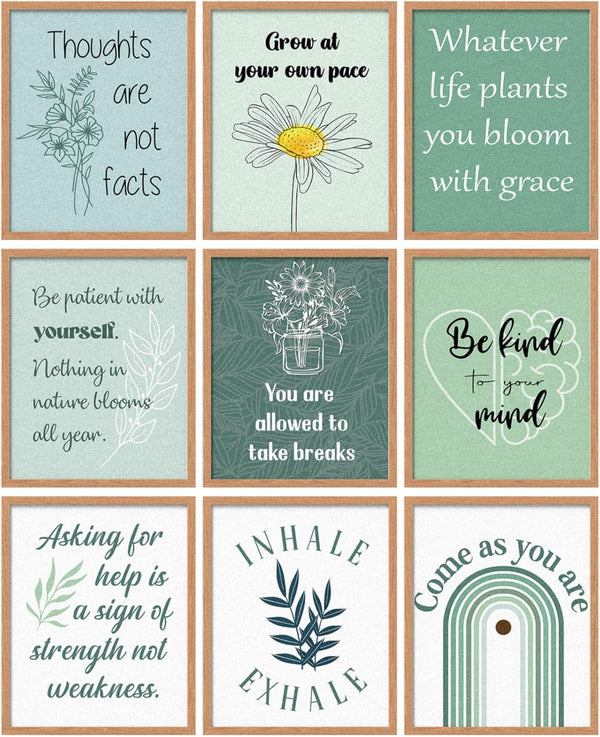Lincia 9 Pcs Boho Mental Health Posters, Motivational Psychology Decor, 8 x 10 in (Green)