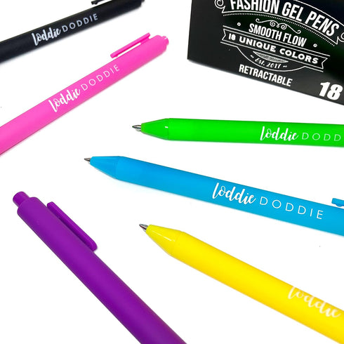Loddie Doddie 18 Bright Color Retractable Gel Pens with Satin Barrel - Fine Point for Journals, Notebooks, Planners,