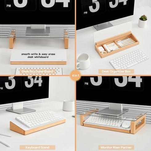 Yeoux Glass Desktop Whiteboard with Wood Organizer for Small Office Accessories, Aesthetic Dry Erase Board with Drawer